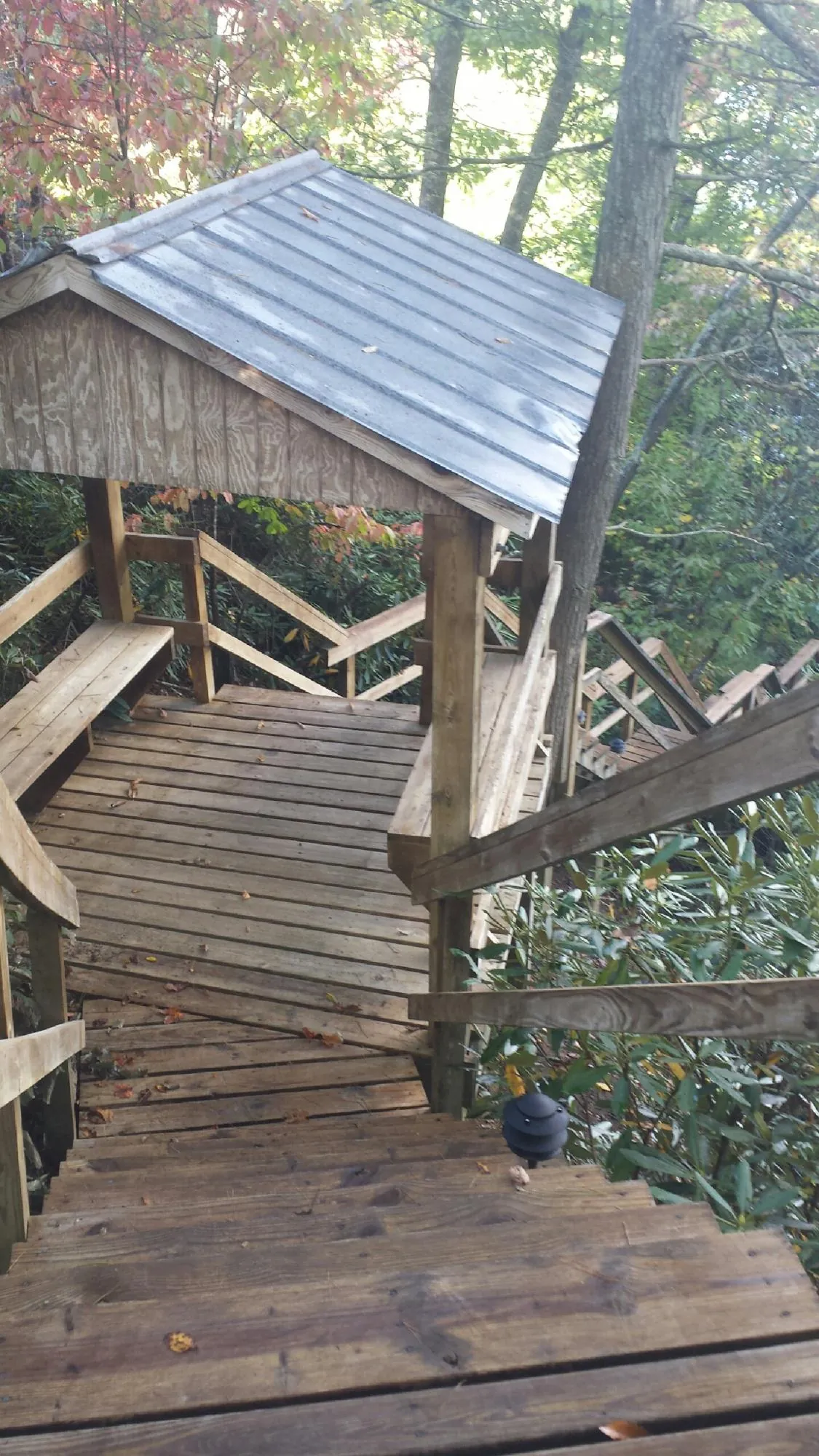 Metal roofed shelter over wooden steps on a wooded walkway — Skylight Repair & Installation work by our crew in Altaville